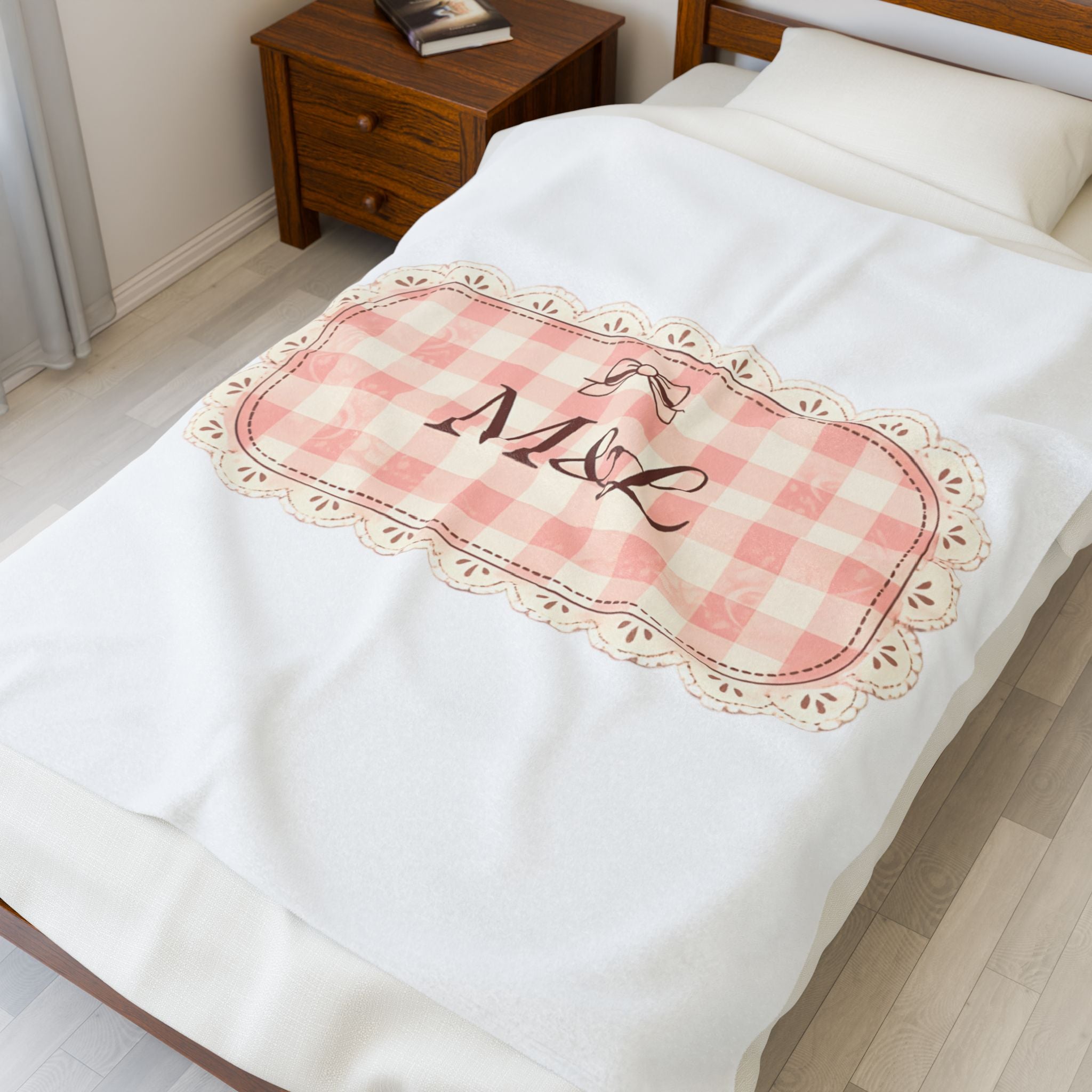Pink Gingham Monogram Velveteen Plush Blanket