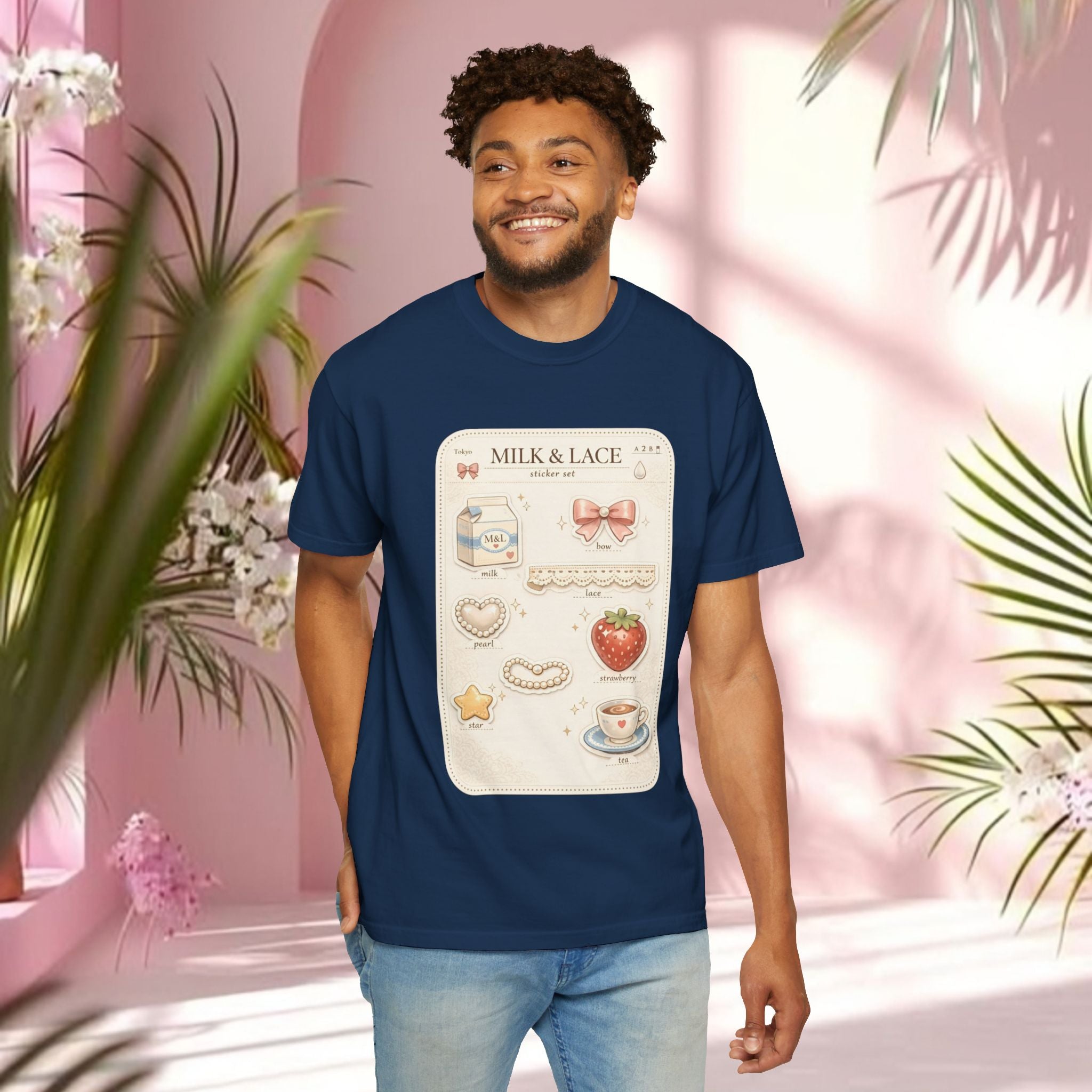 Milk & Lace Cute Pastel Sticker Tee — Strawberry Tea Graphic T-Shirt
