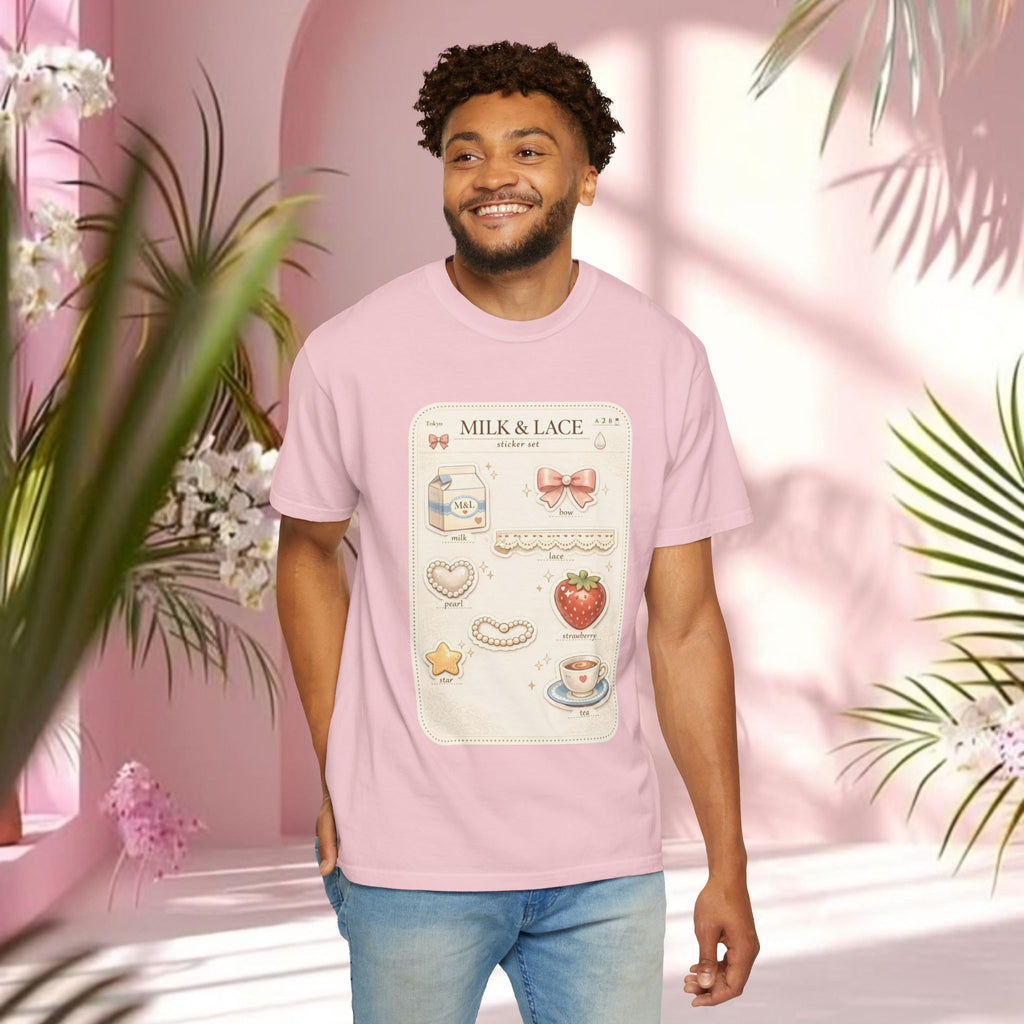 Milk & Lace Cute Pastel Sticker Tee — Strawberry Tea Graphic T-Shirt