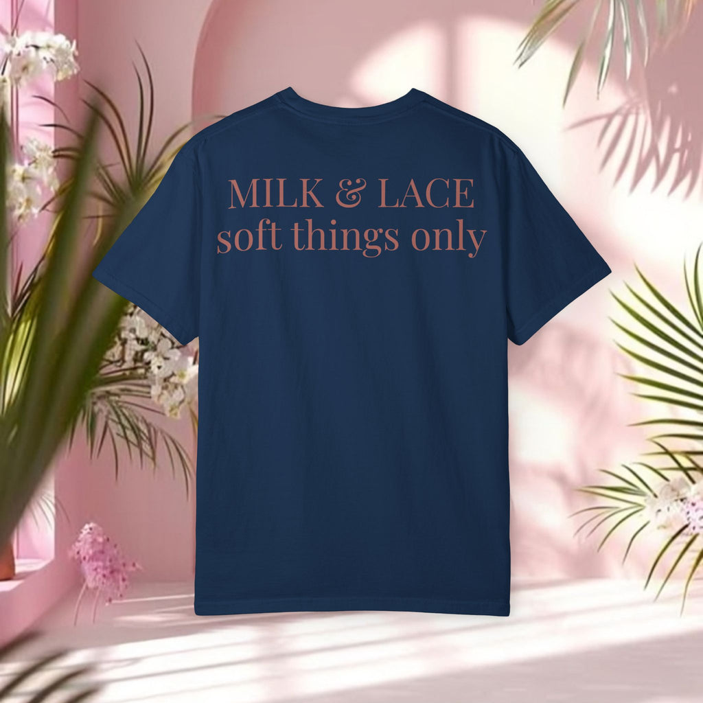 Milk & Lace Graphic T-Shirt — 'Soft Things Only' Romantic Bow Tee