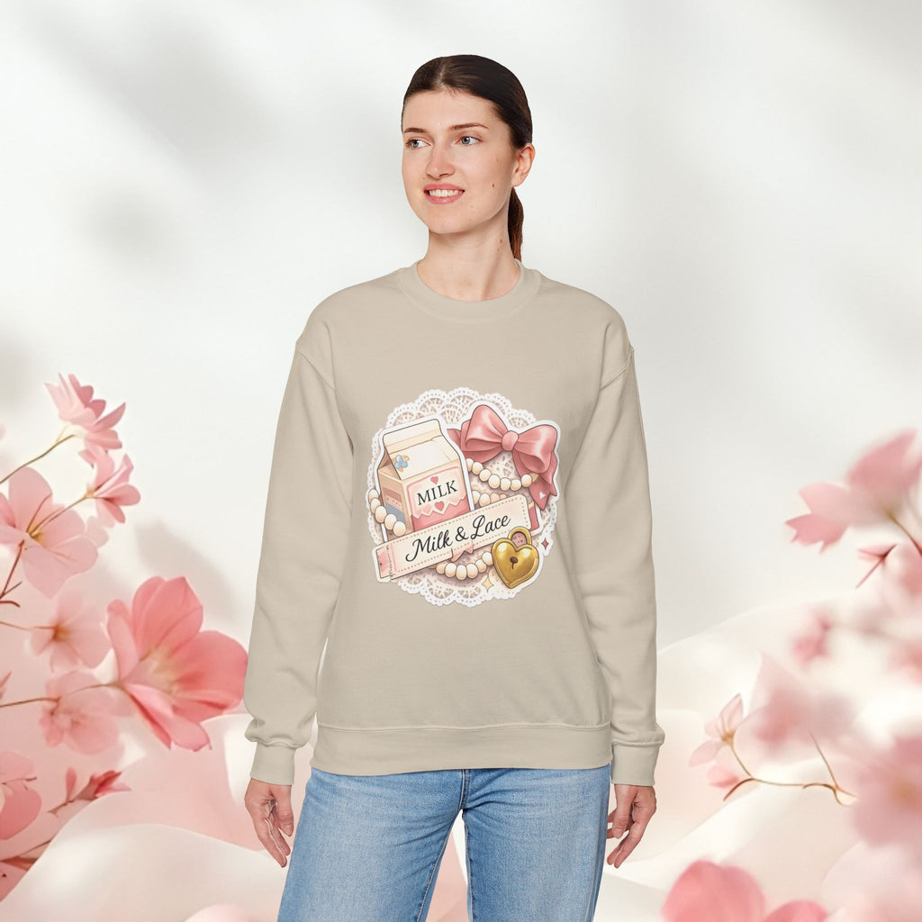 Milk & Lace Crewneck Sweatshirt — Cute Pastel Vintage Milk Carton Design