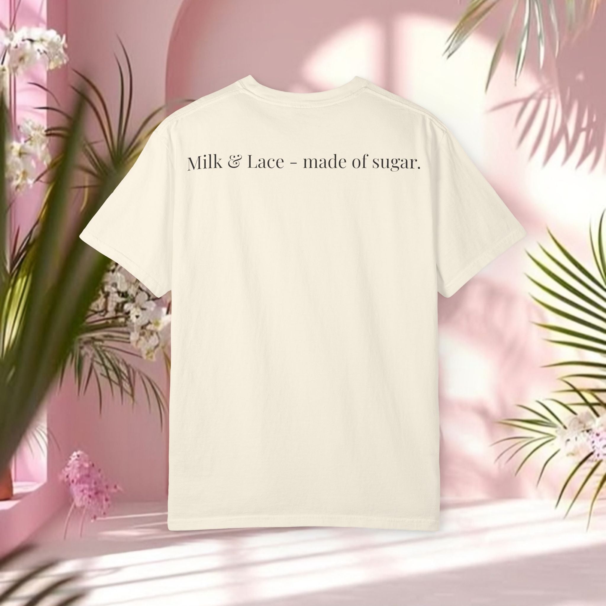 Bow Graphic T‑Shirt — "Milk & Lace — made of sugar." Back Text Tee