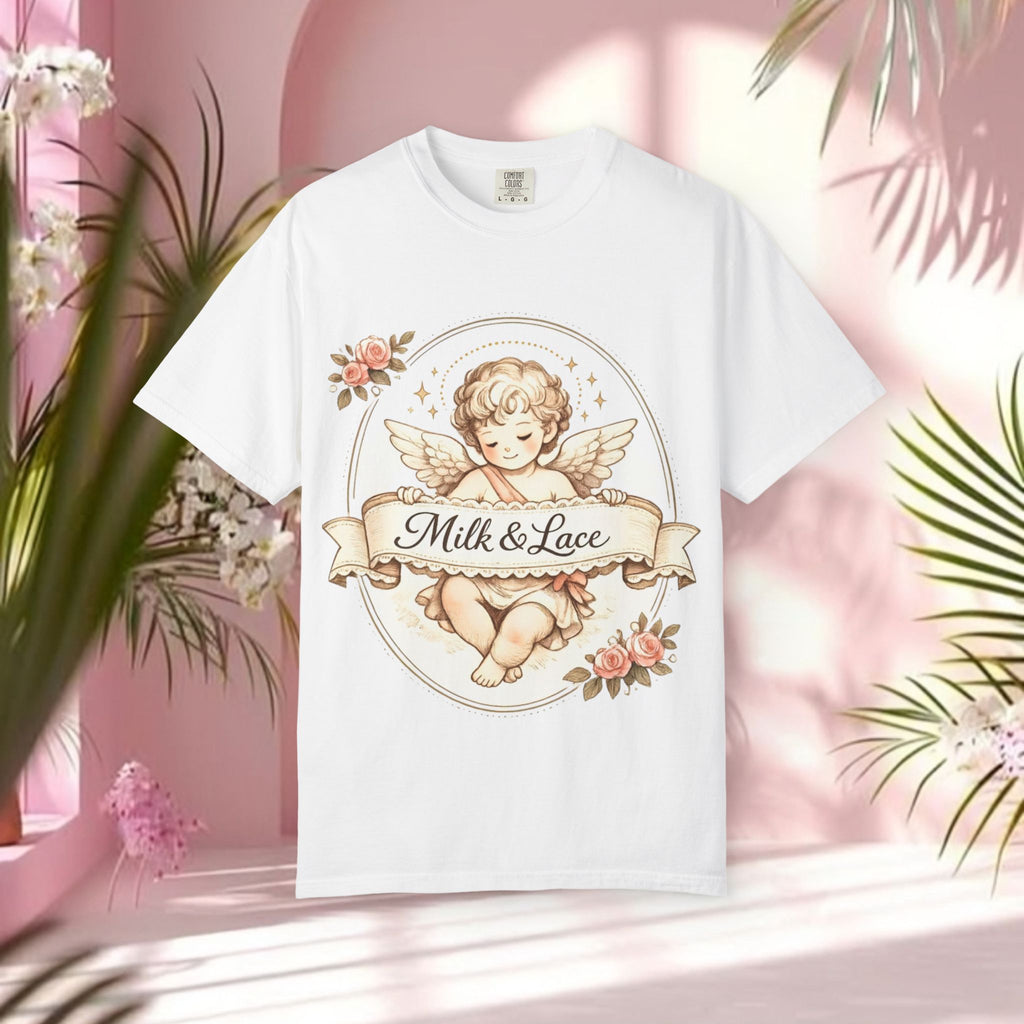 Angel Cherub Tee — "Milk & Lace" Vintage Floral Graphic T-Shirt