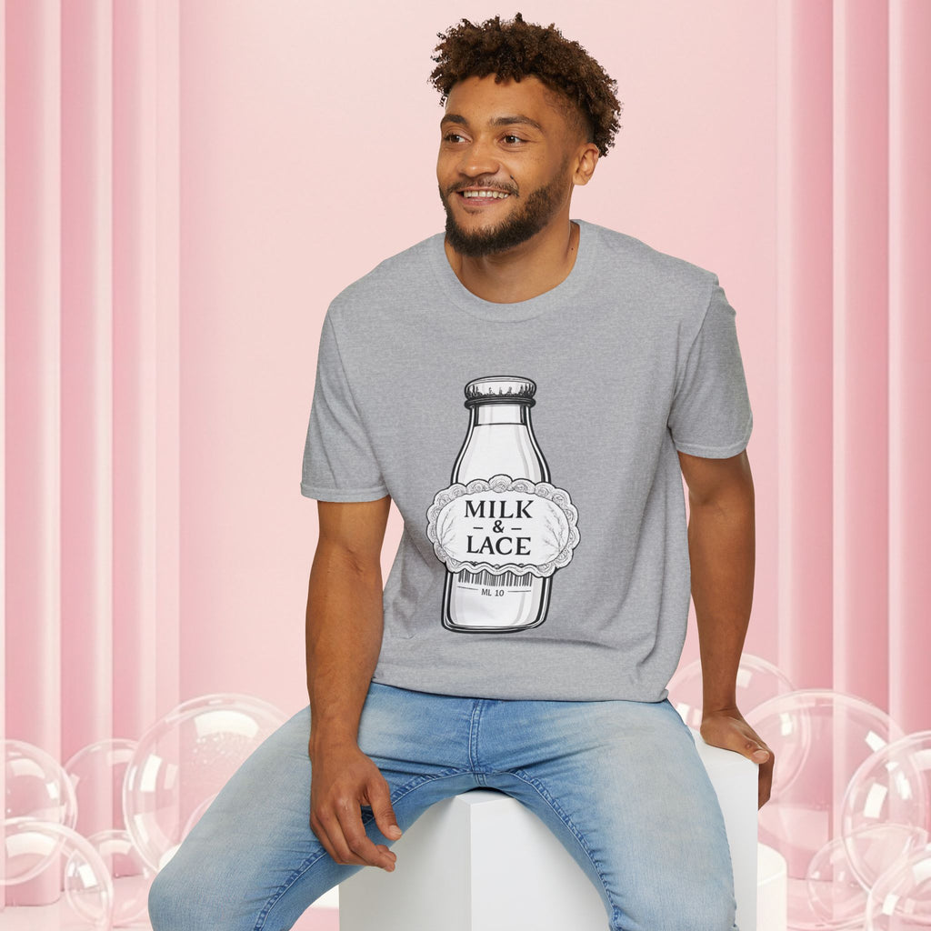 Milk & Lace T-Shirt — Vintage Milk Bottle Graphic with “Milk doesn't blush.” Back Text
