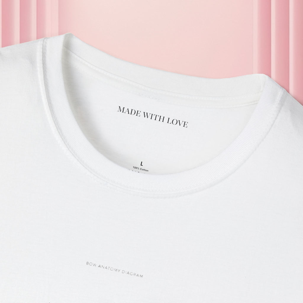 Minimal Bow Graphic T-Shirt — Delicate Ribbon Illustration with Subtle Back Text — Casual Feminine Tee