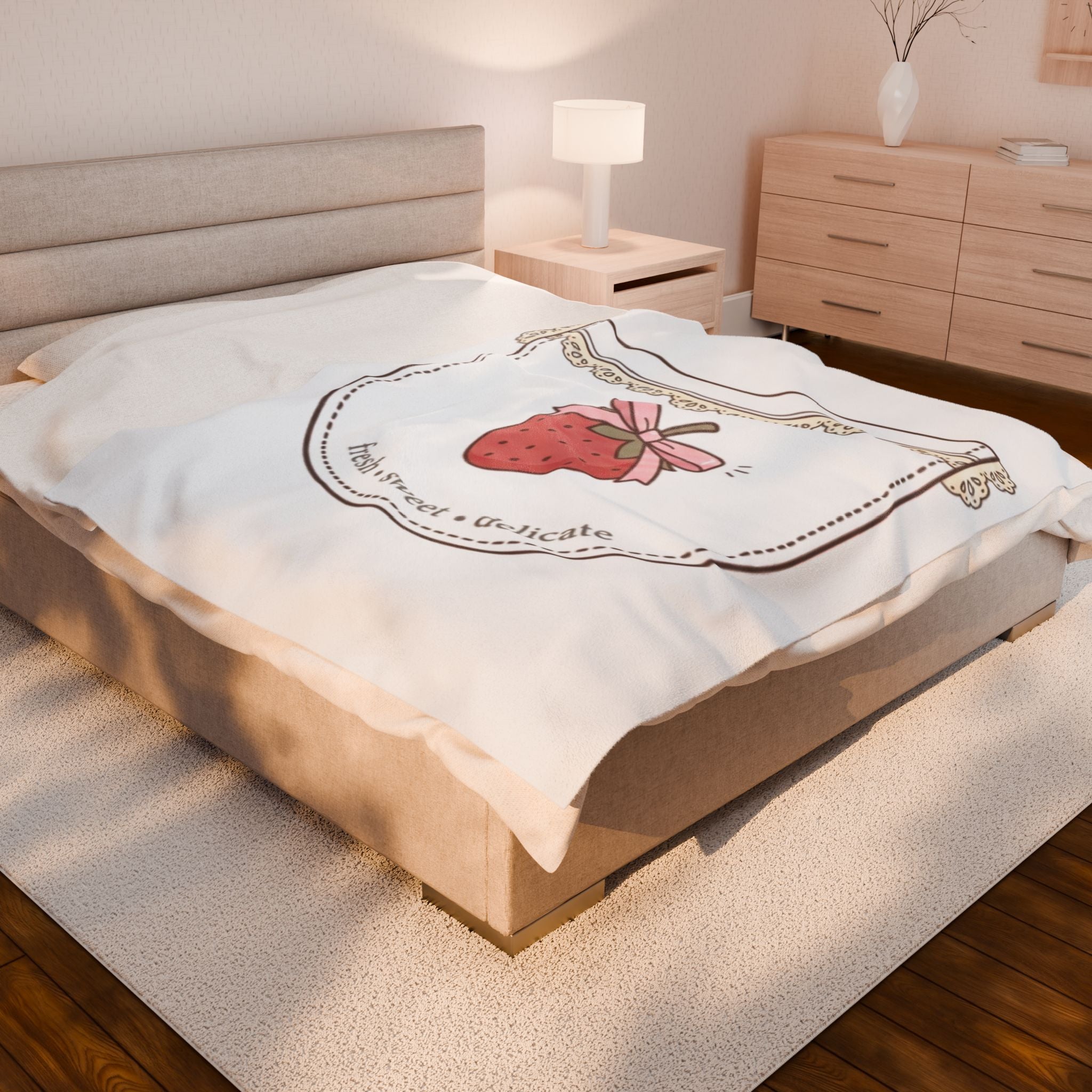 Strawberry Whimsy Velveteen Plush Blanket — Gentle, Whimsical Strawberry Design