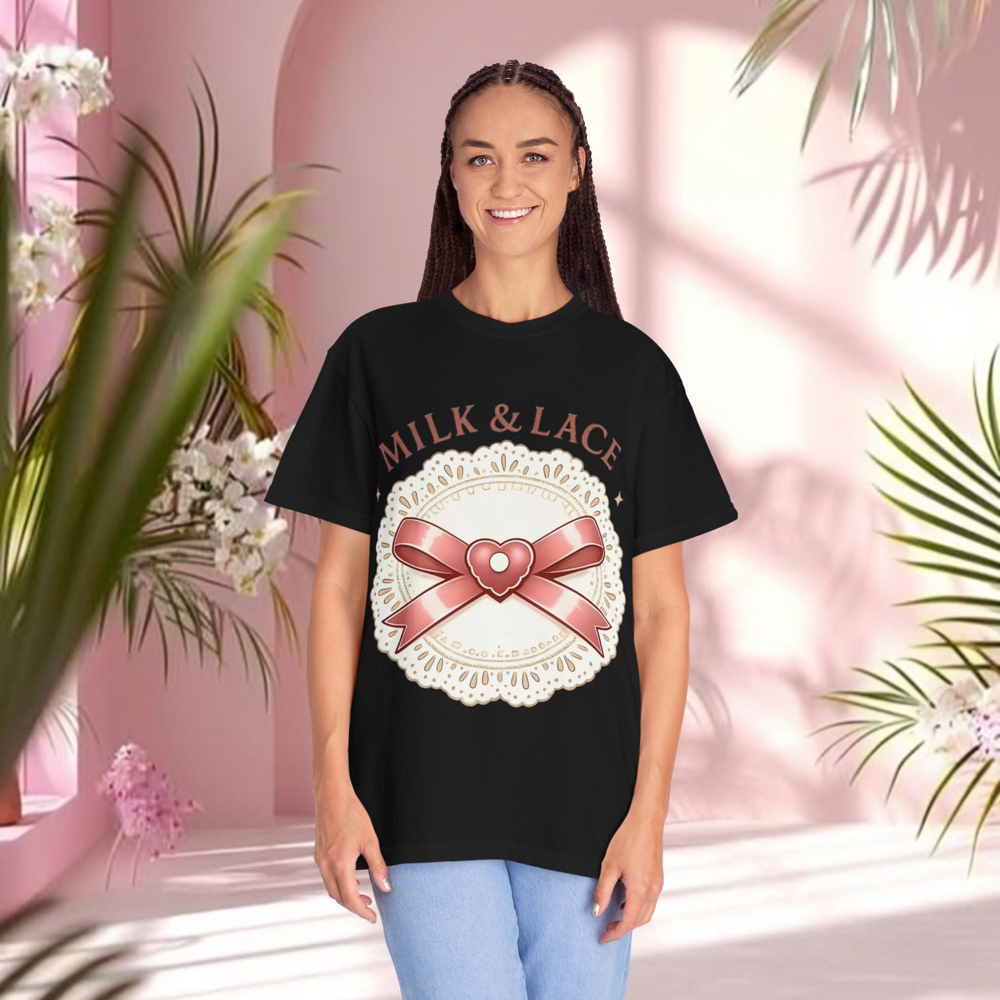 Milk & Lace Graphic T-Shirt — 'Soft Things Only' Romantic Bow Tee