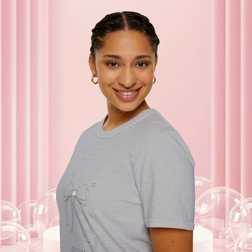 Minimal Bow Graphic T-Shirt — Delicate Ribbon Illustration with Subtle Back Text — Casual Feminine Tee