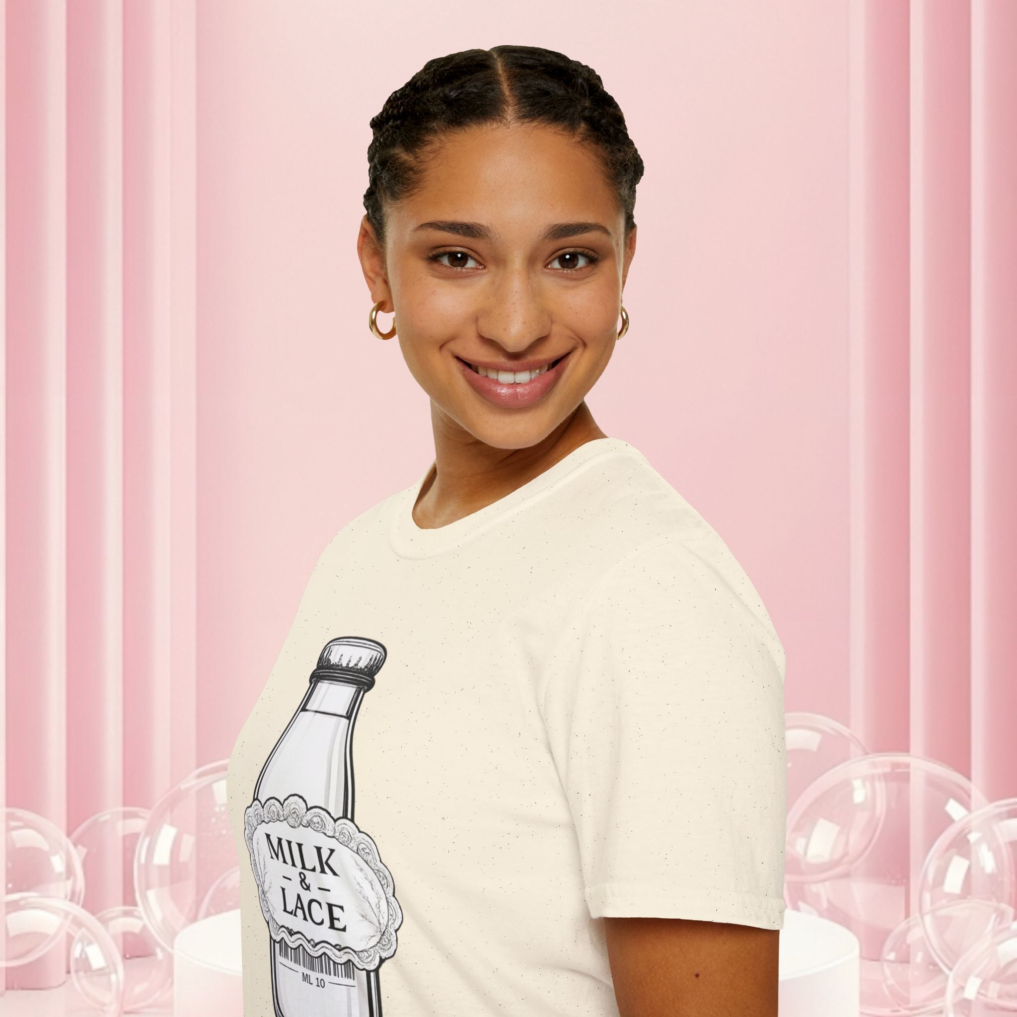 Milk & Lace T-Shirt — Vintage Milk Bottle Graphic with “Milk doesn't blush.” Back Text