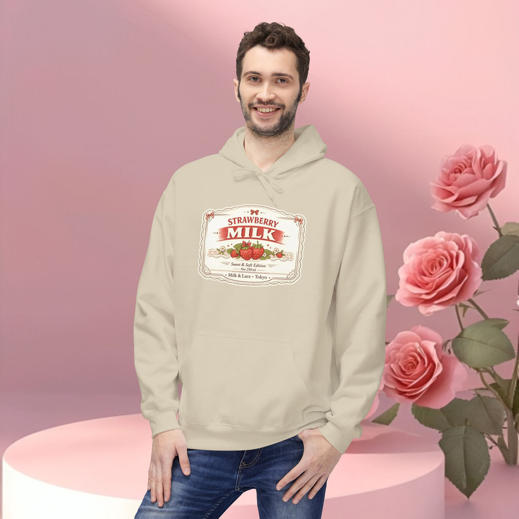 Strawberry Milk Label Hoodie — Vintage Farmhouse Graphic Sweatshirt