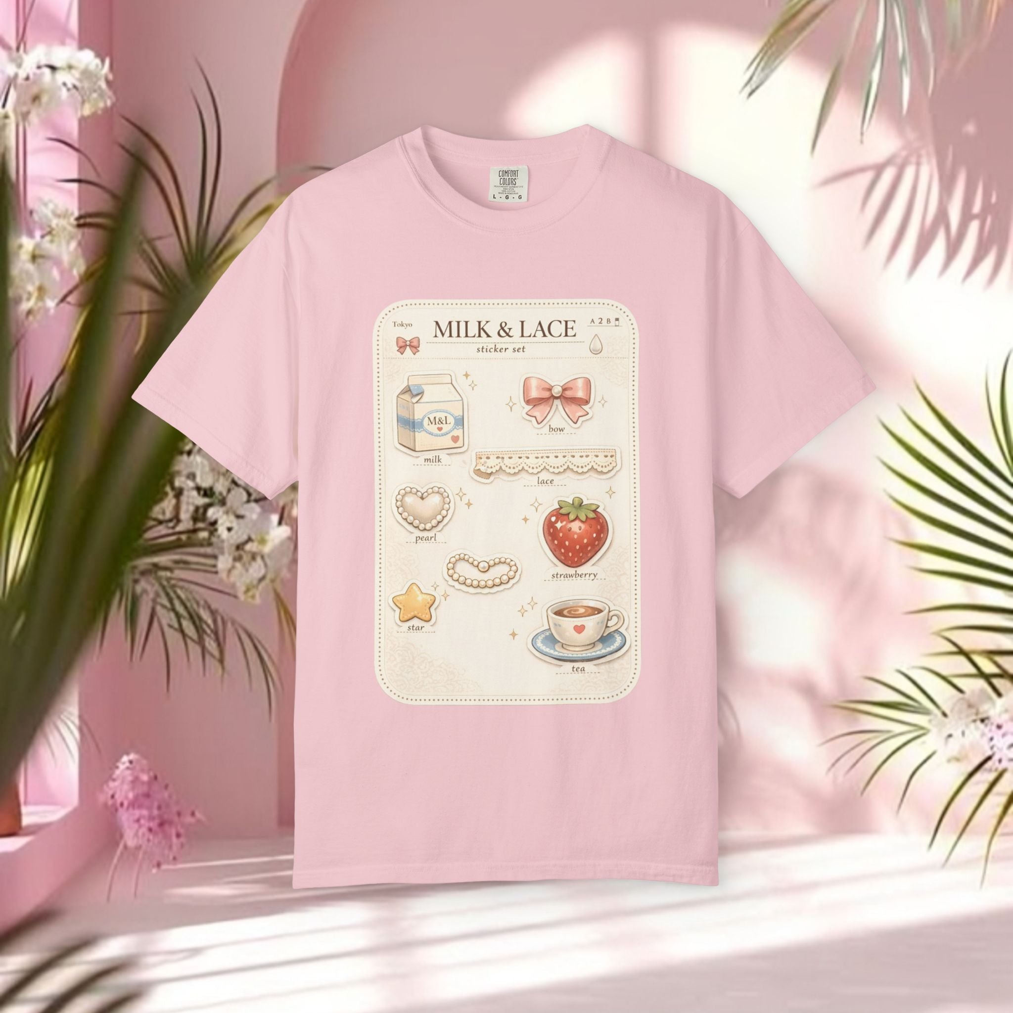 Milk & Lace Cute Pastel Sticker Tee — Strawberry Tea Graphic T-Shirt