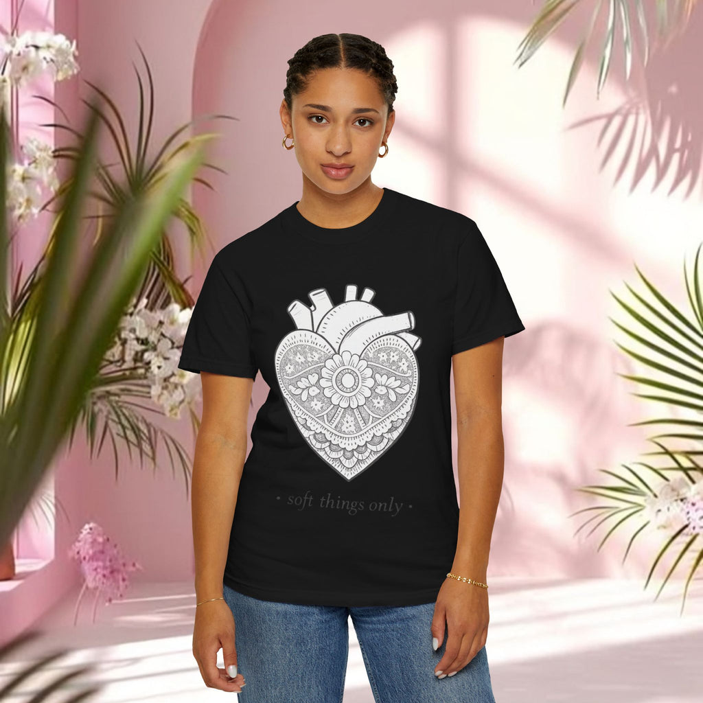 Lace Heart Anatomical Tee — "soft things only" Cotton T-Shirt
