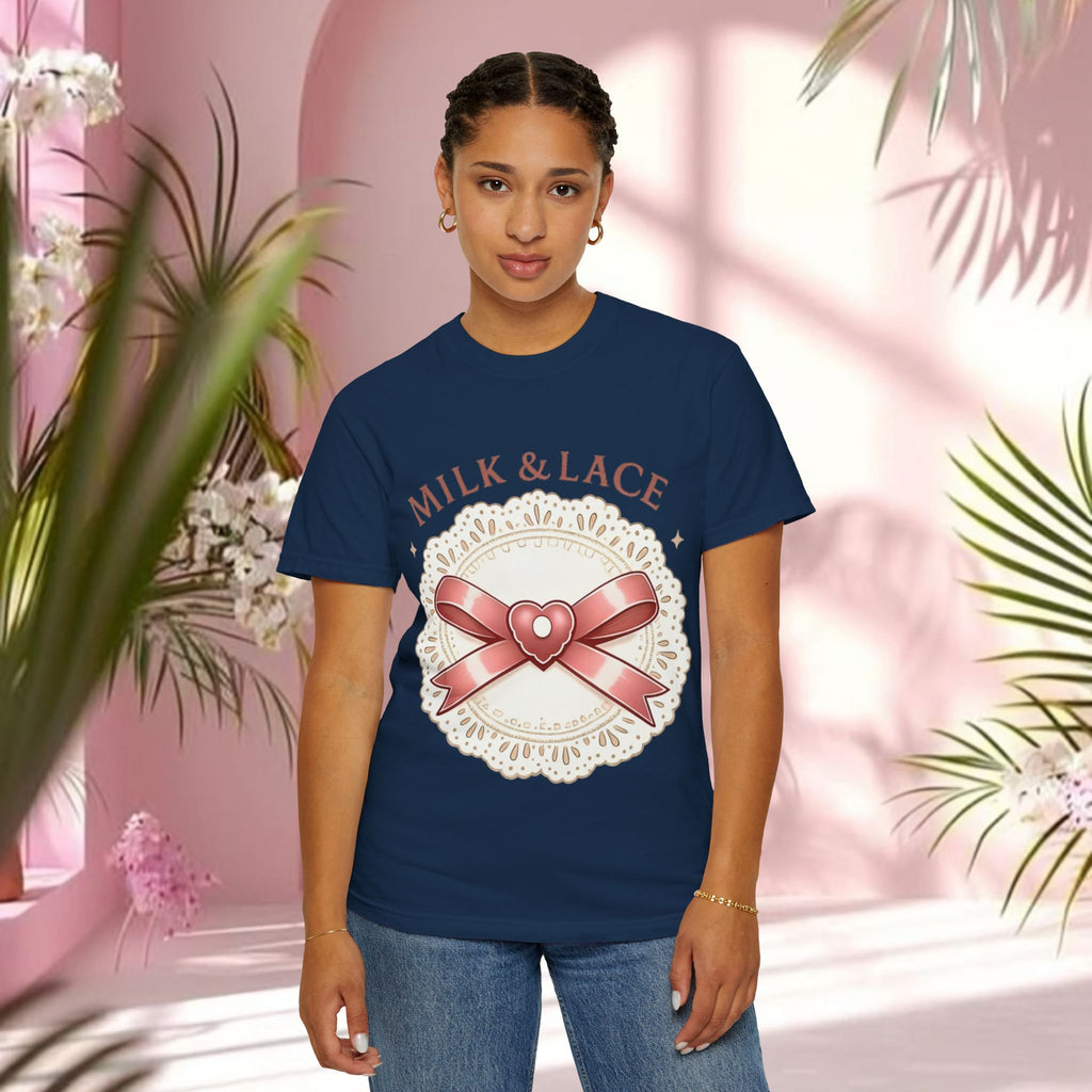 Milk & Lace Graphic T-Shirt — 'Soft Things Only' Romantic Bow Tee