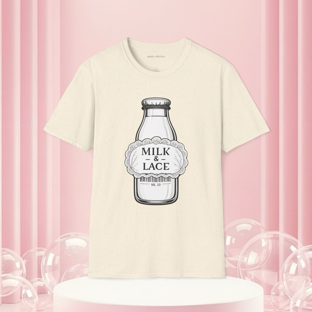 Milk & Lace T-Shirt — Vintage Milk Bottle Graphic with “Milk doesn't blush.” Back Text