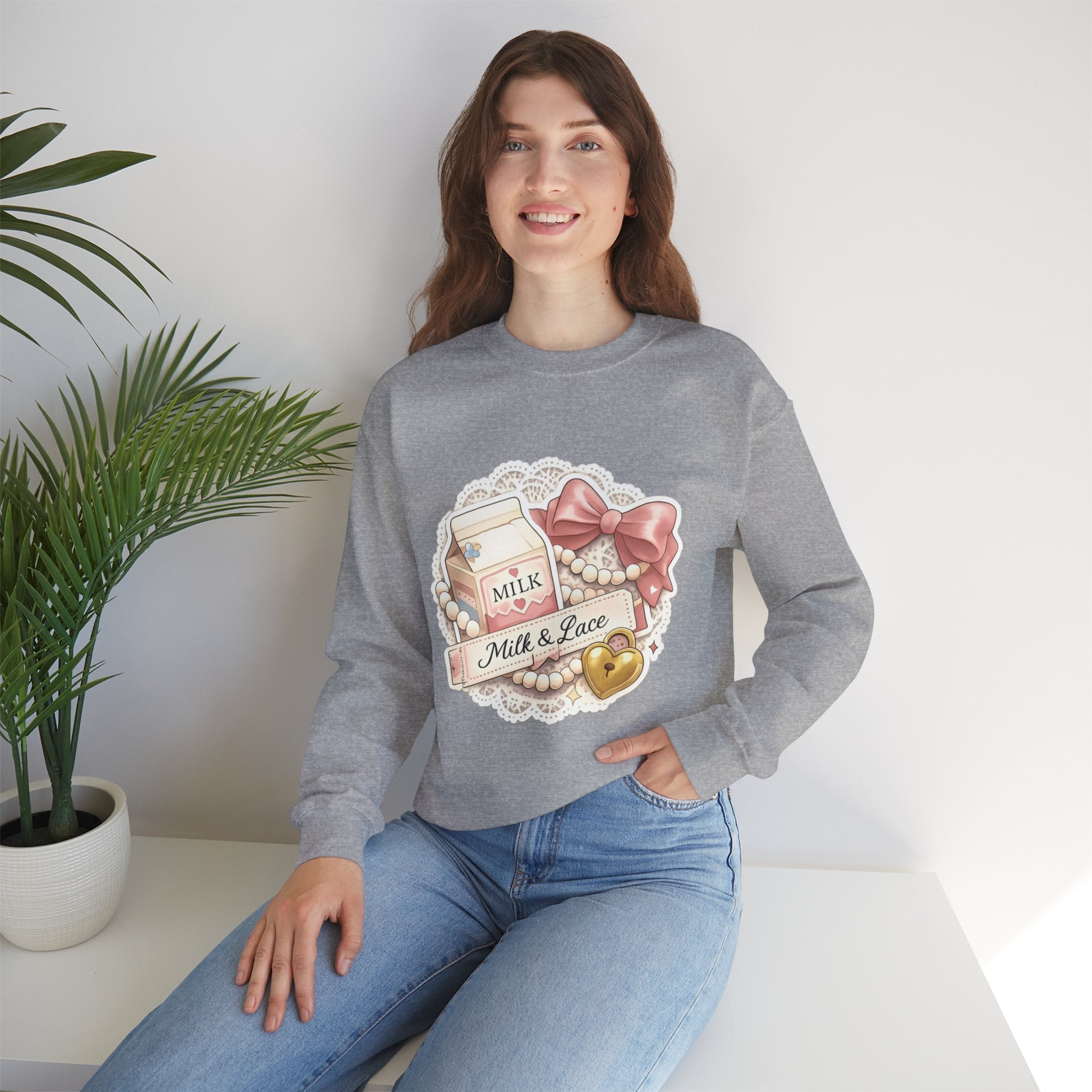 Milk & Lace Crewneck Sweatshirt — Cute Pastel Vintage Milk Carton Design