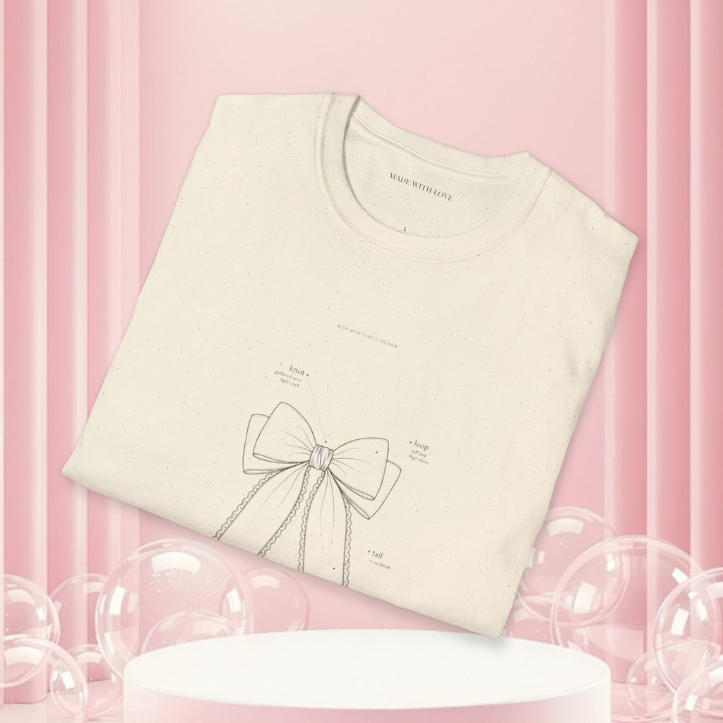 Minimal Bow Graphic T-Shirt — Delicate Ribbon Illustration with Subtle Back Text — Casual Feminine Tee