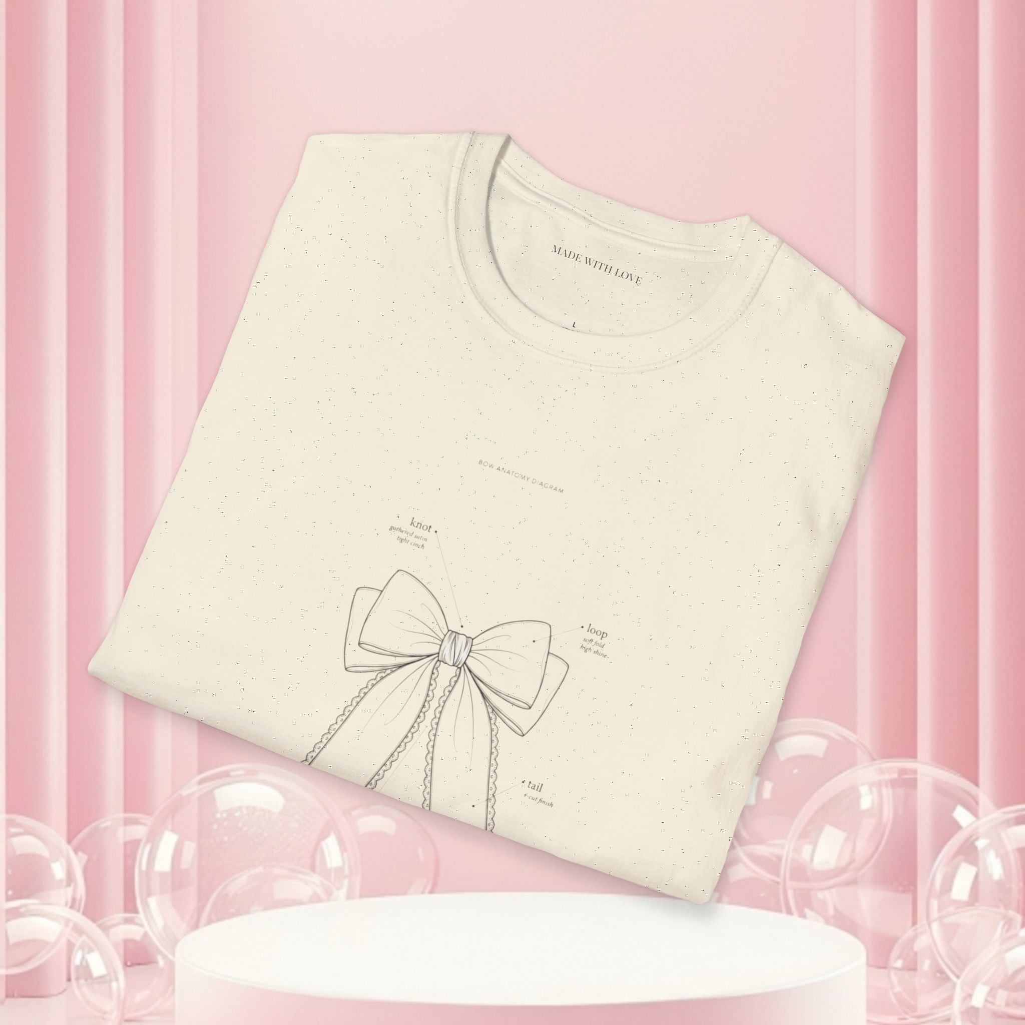 Minimal Bow Graphic T-Shirt — Delicate Ribbon Illustration with Subtle Back Text — Casual Feminine Tee