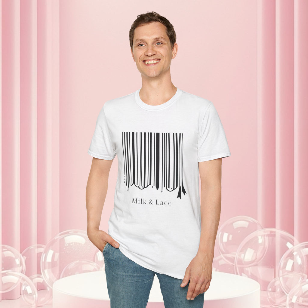 Milk & Lace Barcode Tee — “Delicate, Not Harmless.” Graphic T-Shirt