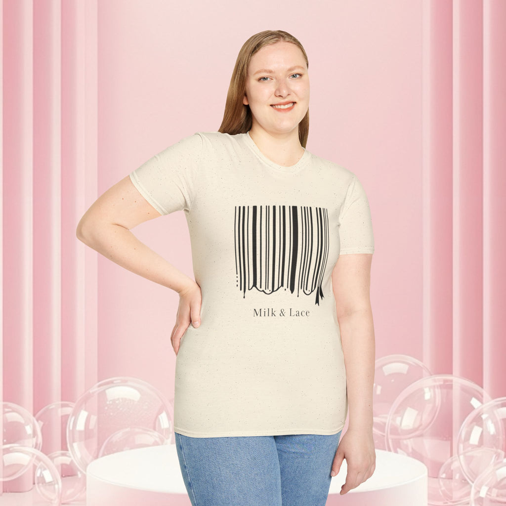 Milk & Lace Barcode Tee — “Delicate, Not Harmless.” Graphic T-Shirt