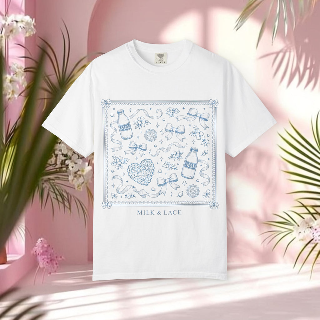 Milk & Lace Bandana Graphic T-Shirt — “soft things only.” Back Print