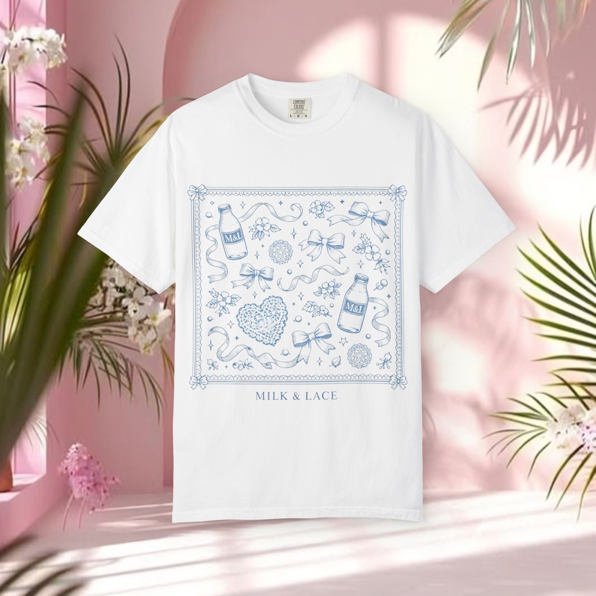 Milk & Lace Bandana Graphic T-Shirt — “soft things only.” Back Print