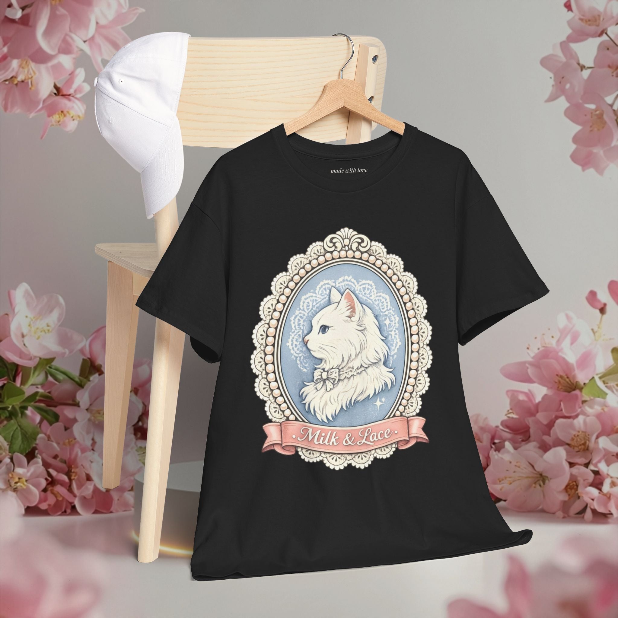 Cute Girly Cat T-Shirt — Soft Pastel Cat Graphic Tee for Cat Lovers