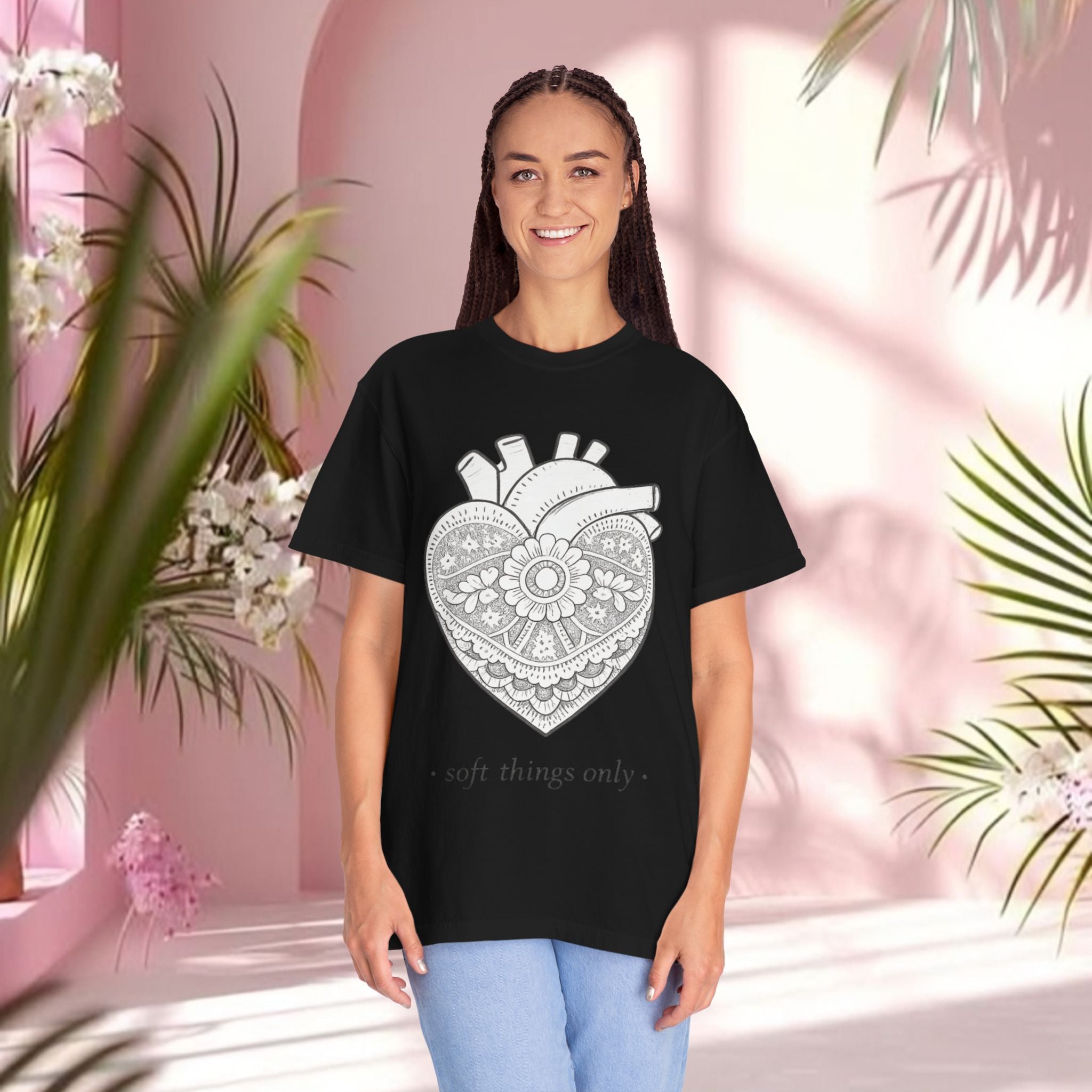 Lace Heart Anatomical Tee — "soft things only" Cotton T-Shirt