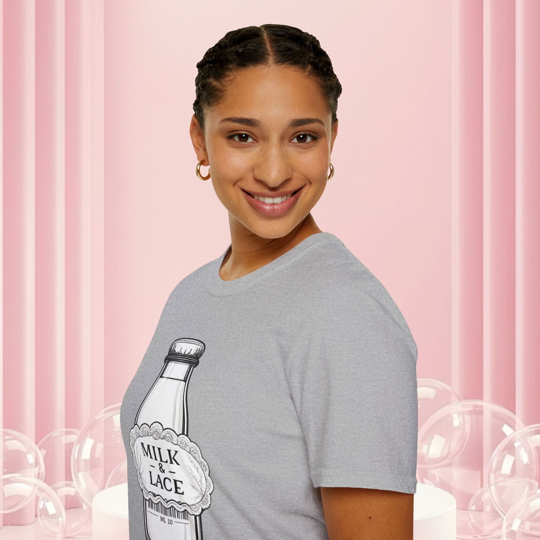 Milk & Lace T-Shirt — Vintage Milk Bottle Graphic with “Milk doesn't blush.” Back Text