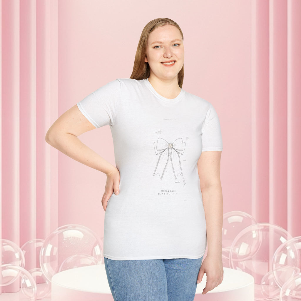 Minimal Bow Graphic T-Shirt — Delicate Ribbon Illustration with Subtle Back Text — Casual Feminine Tee