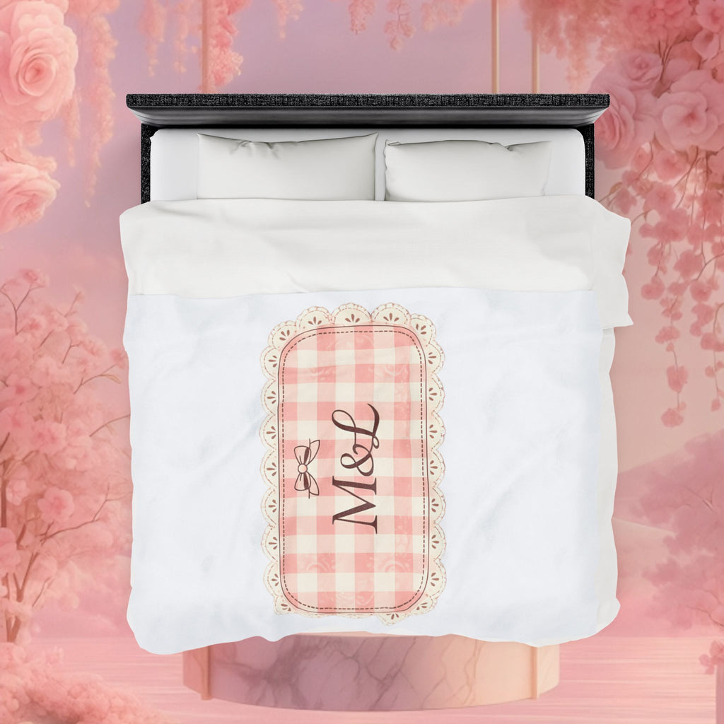 Pink Gingham Monogram Velveteen Plush Blanket