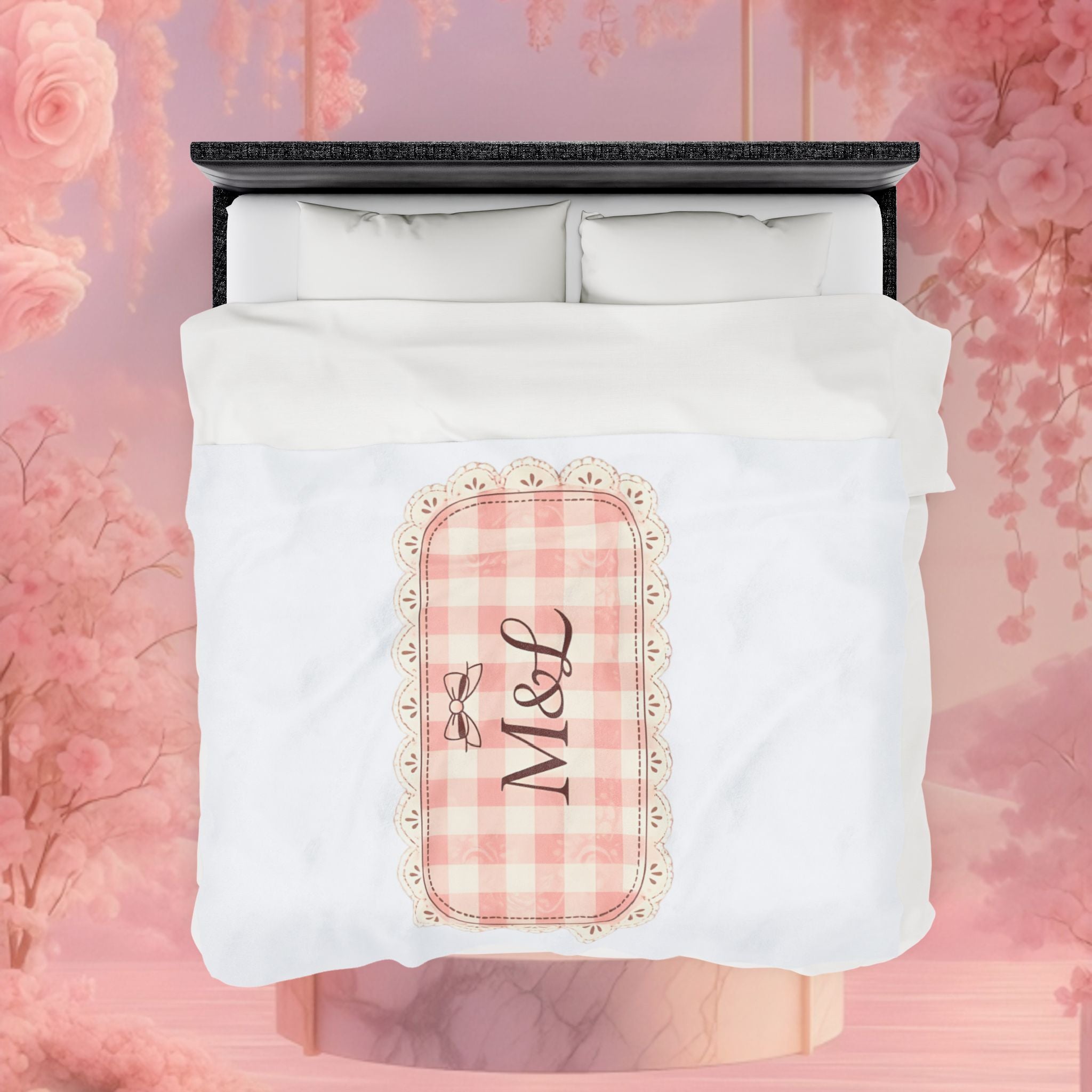 Pink Gingham Monogram Velveteen Plush Blanket