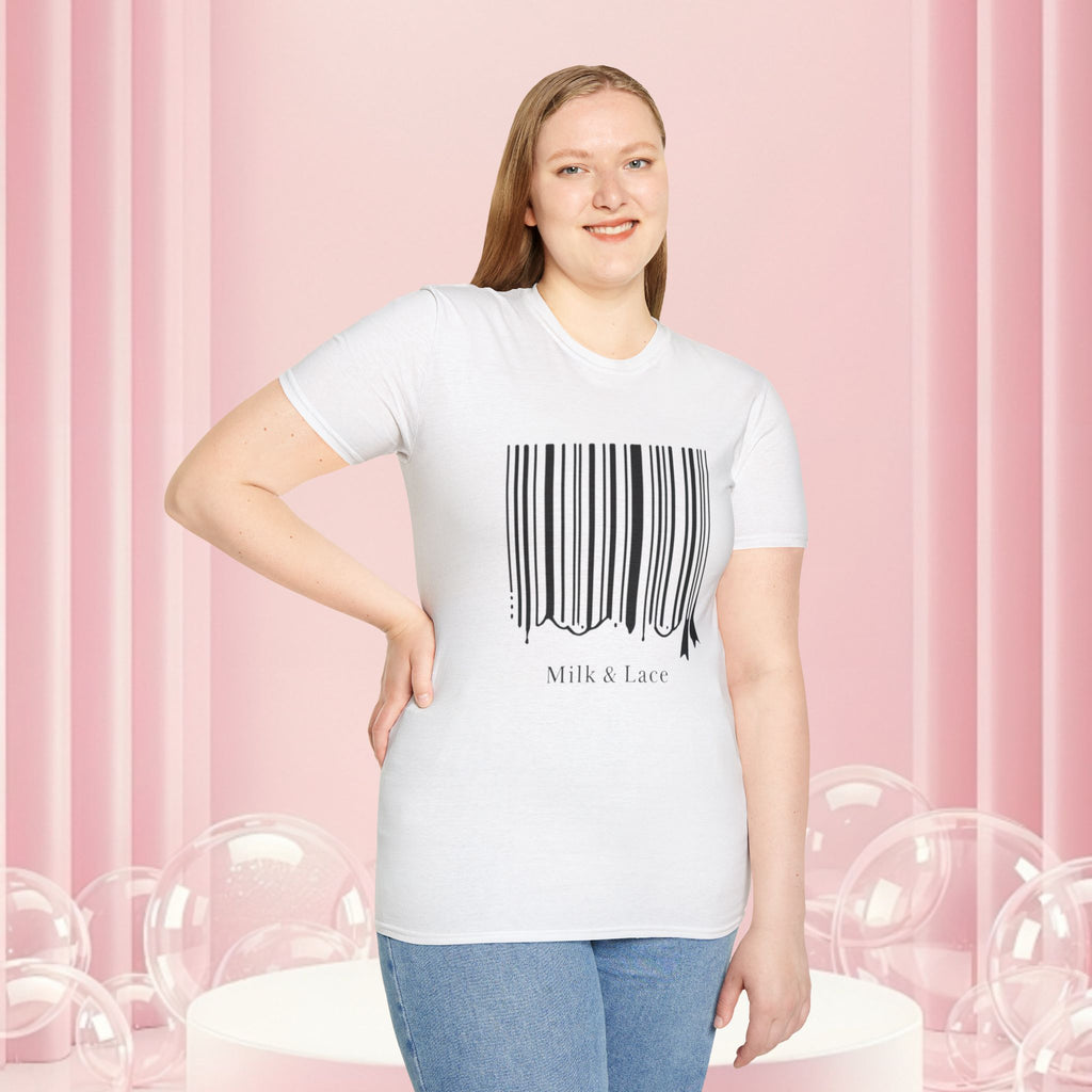 Milk & Lace Barcode Tee — “Delicate, Not Harmless.” Graphic T-Shirt