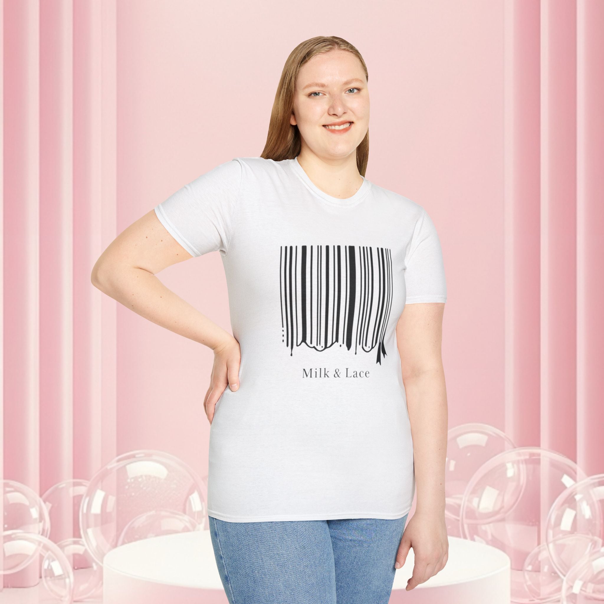 Milk & Lace Barcode Tee — “Delicate, Not Harmless.” Graphic T-Shirt