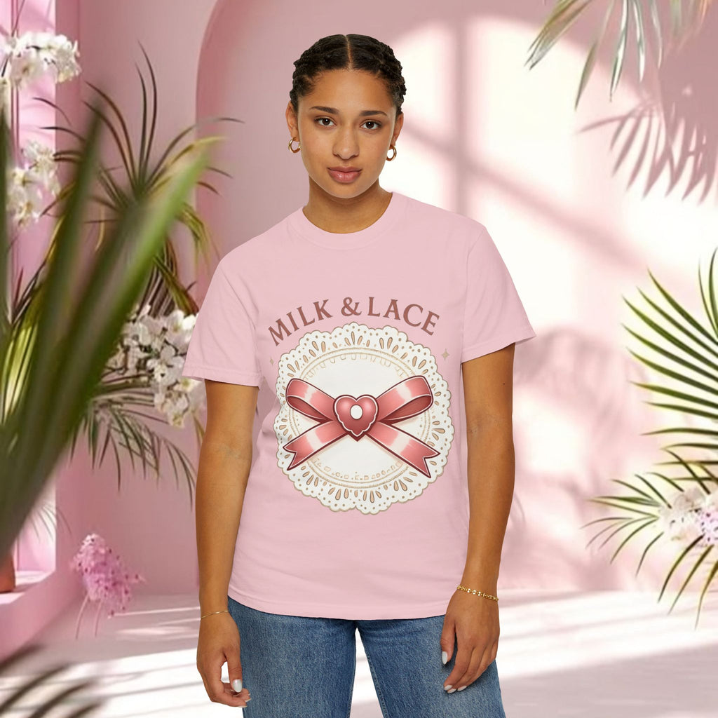 Milk & Lace Graphic T-Shirt — 'Soft Things Only' Romantic Bow Tee