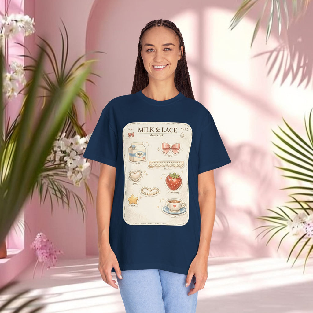 Milk & Lace Cute Pastel Sticker Tee — Strawberry Tea Graphic T-Shirt