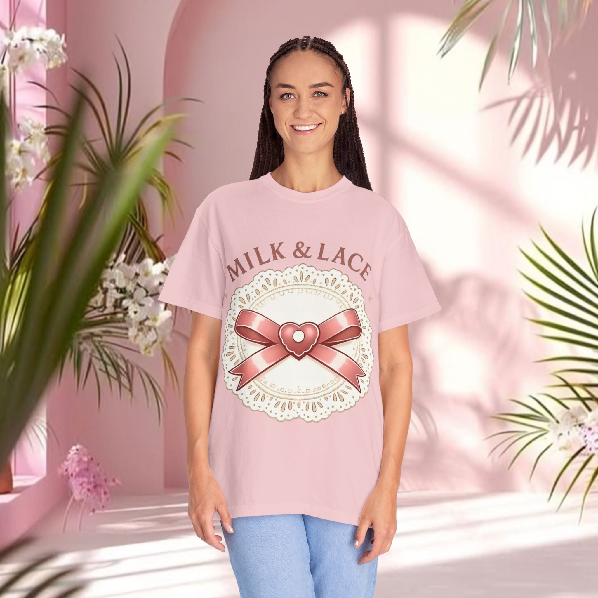 Milk & Lace Graphic T-Shirt — 'Soft Things Only' Romantic Bow Tee