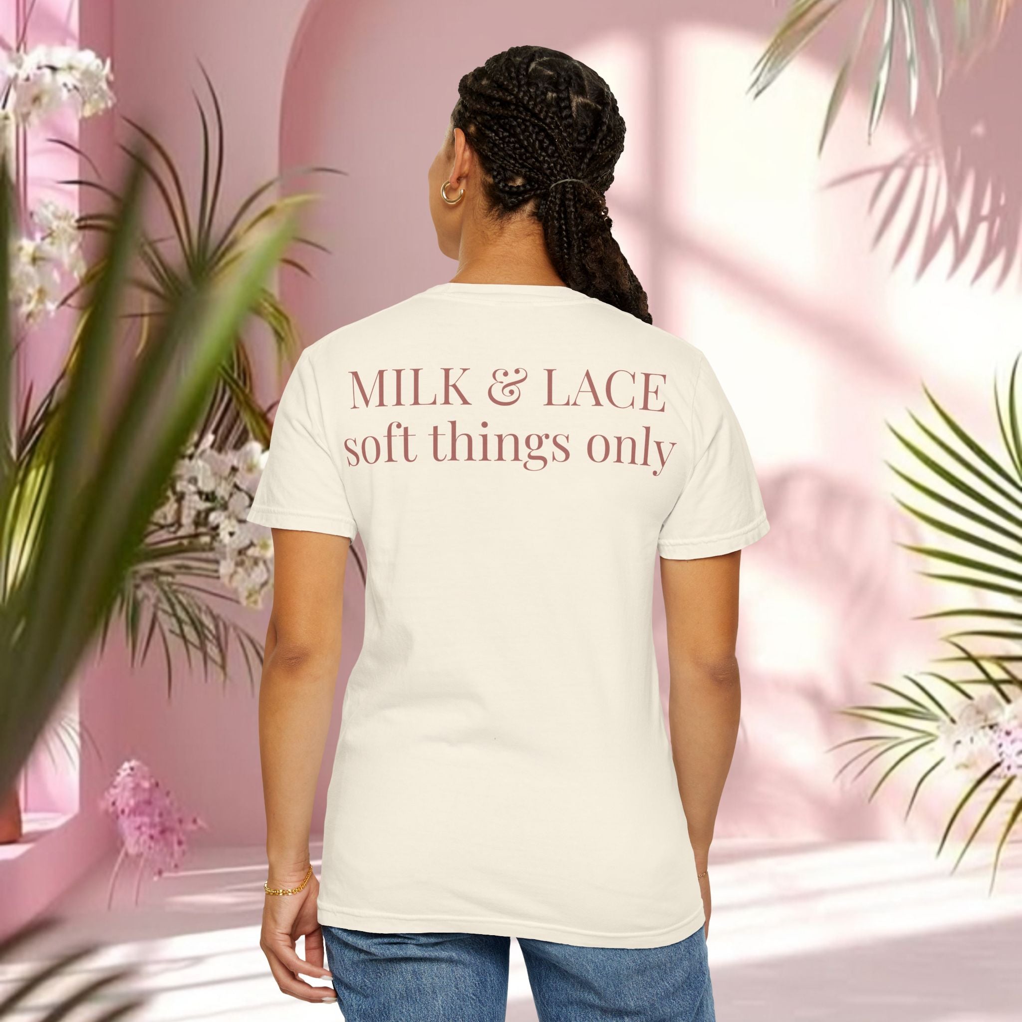 Milk & Lace Graphic T-Shirt — 'Soft Things Only' Romantic Bow Tee
