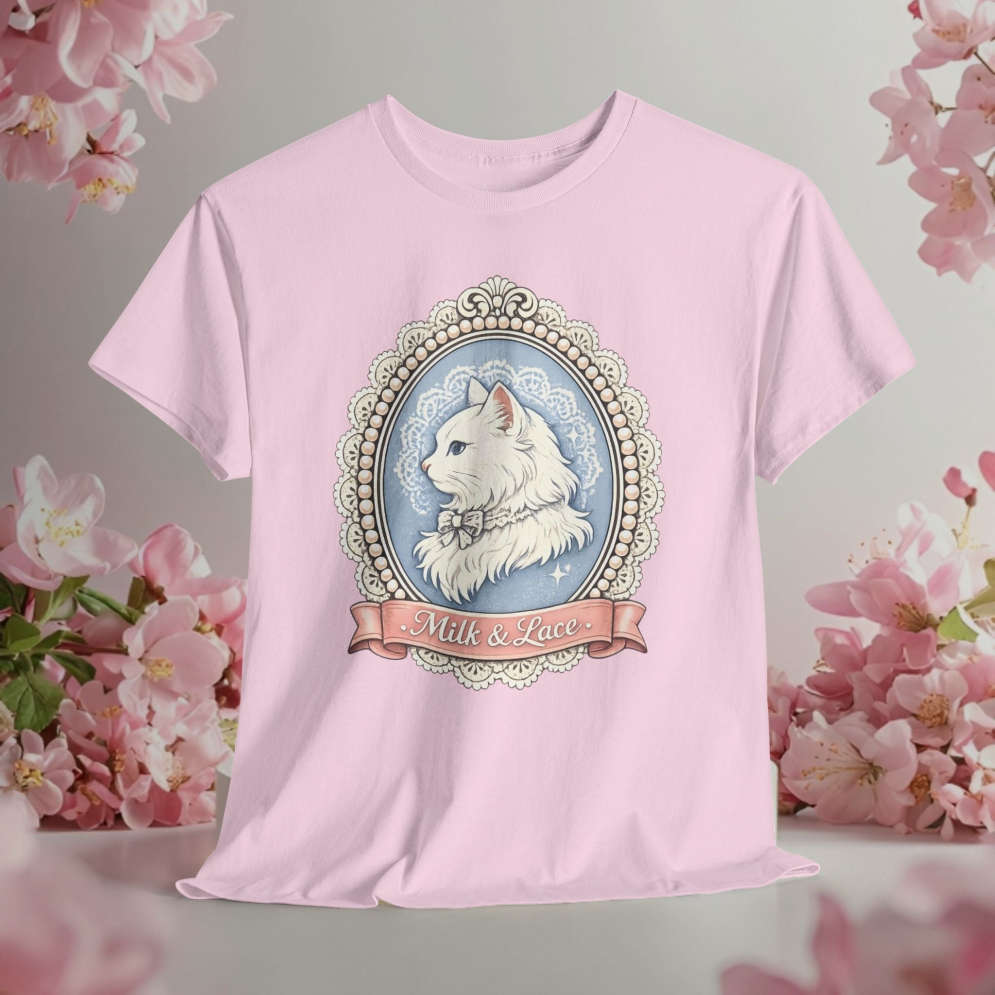 Cute Girly Cat T-Shirt — Soft Pastel Cat Graphic Tee for Cat Lovers