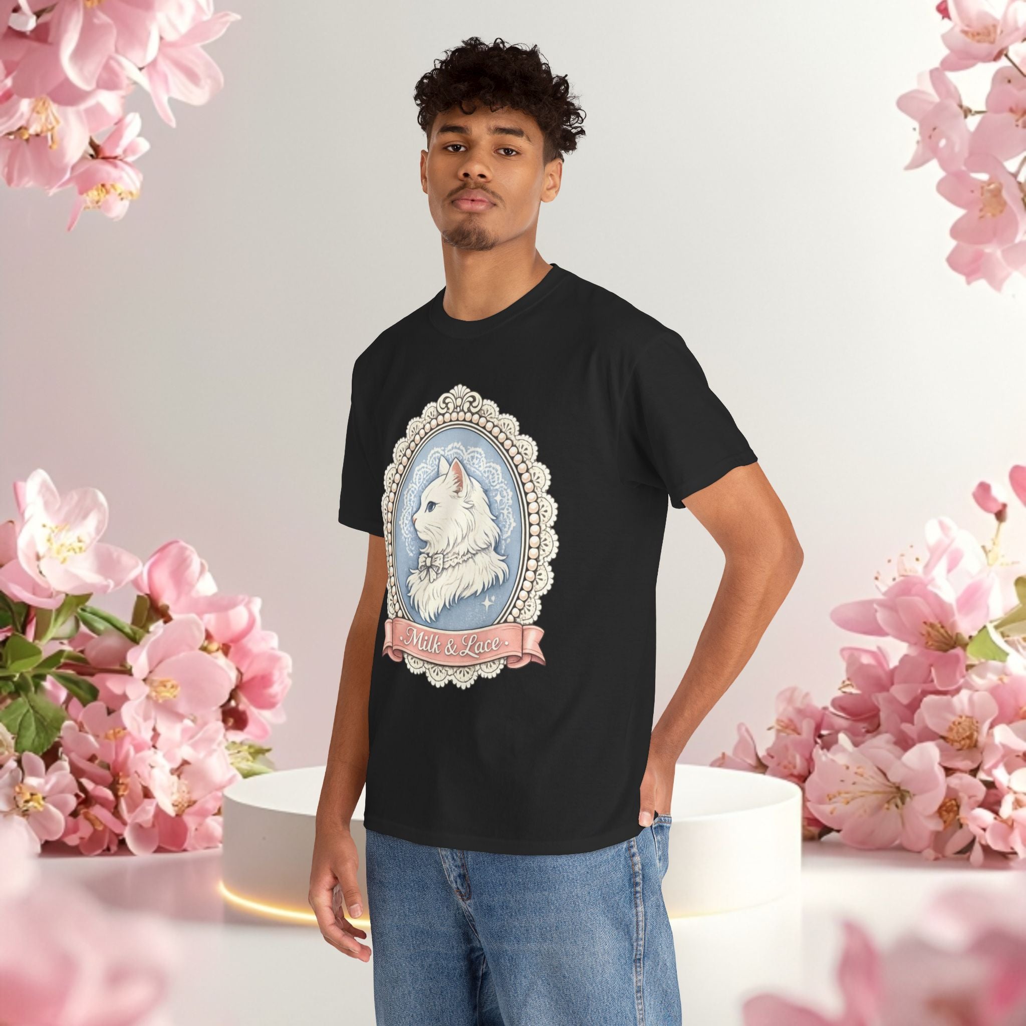 Cute Girly Cat T-Shirt — Soft Pastel Cat Graphic Tee for Cat Lovers