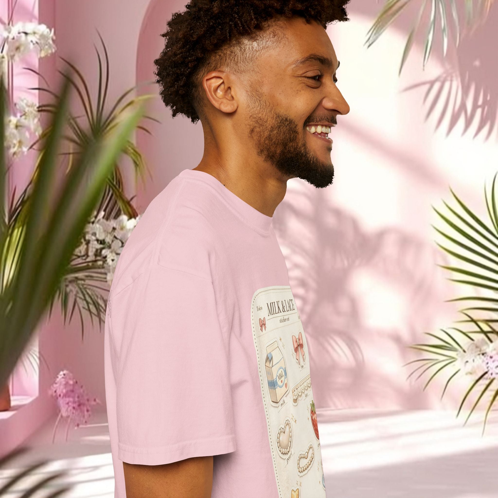 Milk & Lace Cute Pastel Sticker Tee — Strawberry Tea Graphic T-Shirt