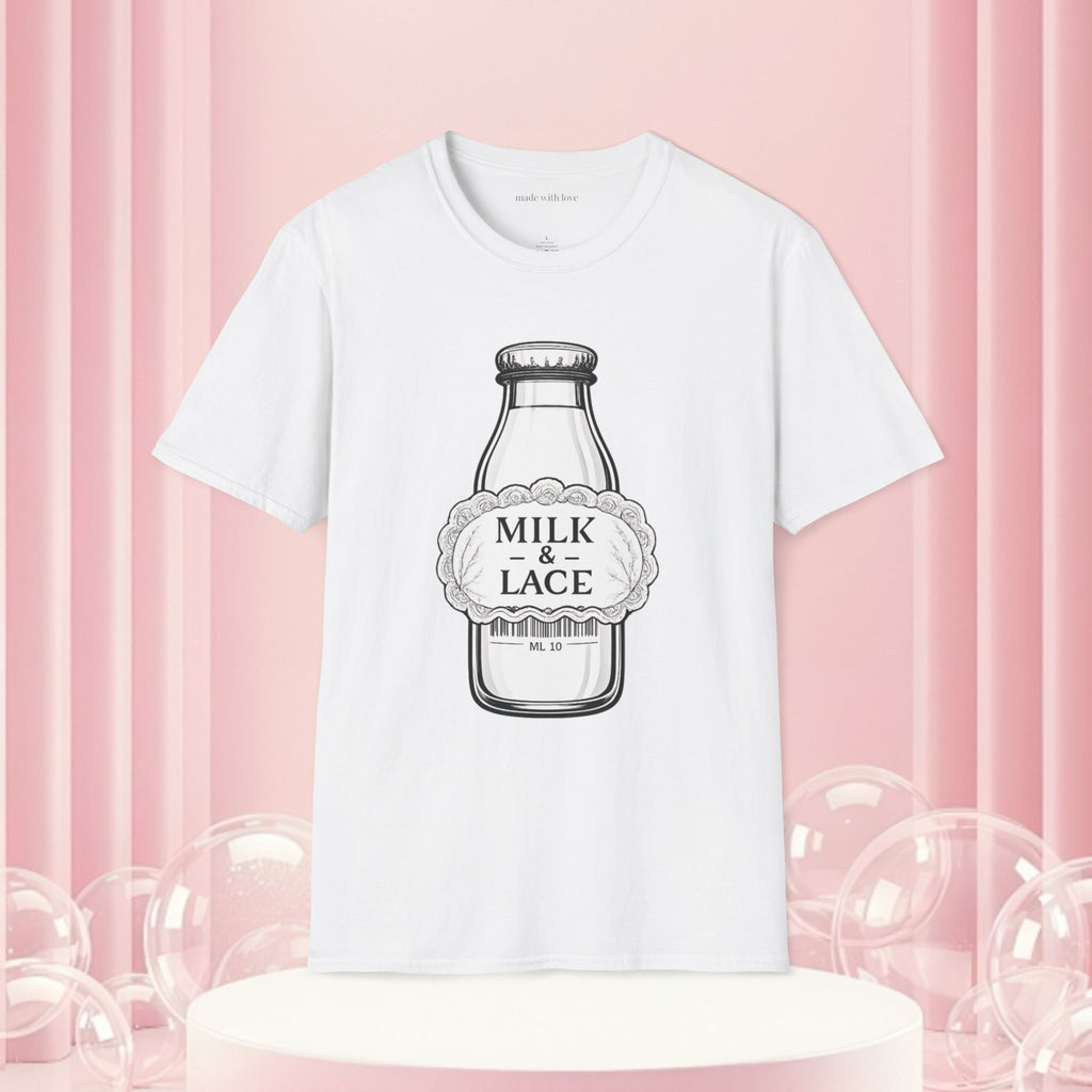 Milk & Lace T-Shirt — Vintage Milk Bottle Graphic with “Milk doesn't blush.” Back Text