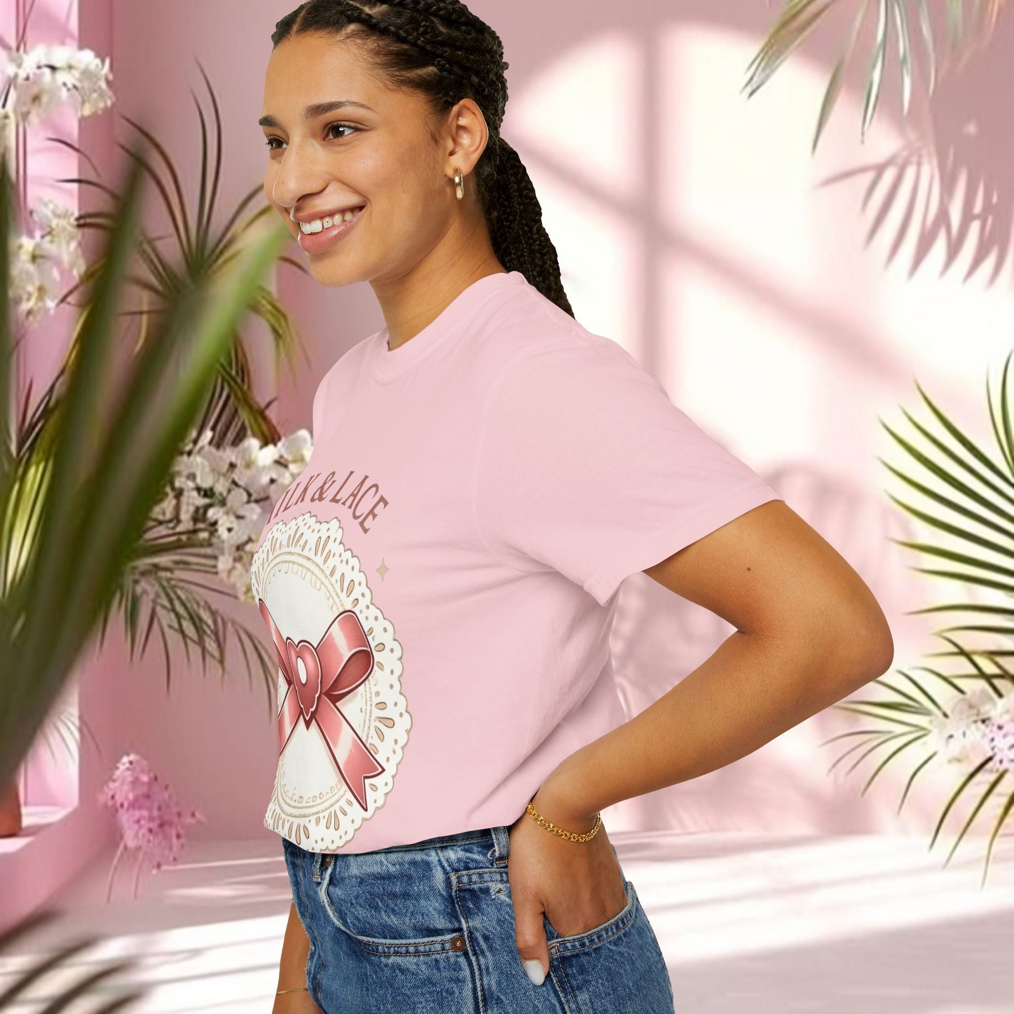 Milk & Lace Graphic T-Shirt — 'Soft Things Only' Romantic Bow Tee
