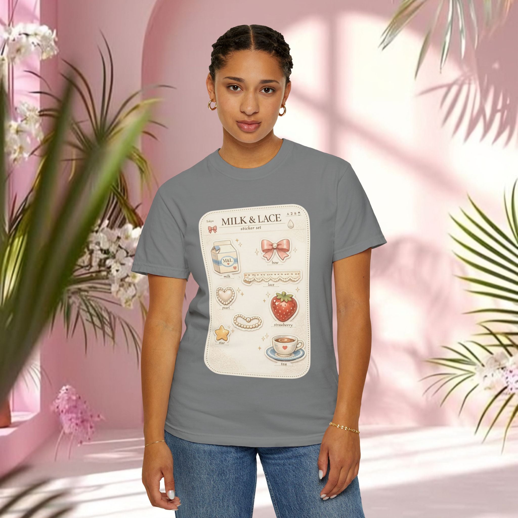 Milk & Lace Cute Pastel Sticker Tee — Strawberry Tea Graphic T-Shirt
