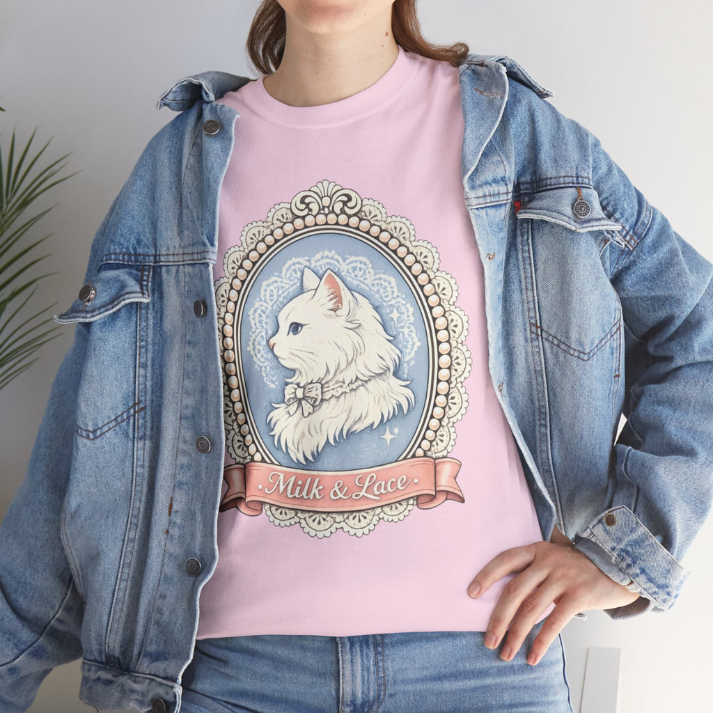 Cute Girly Cat T-Shirt — Soft Pastel Cat Graphic Tee for Cat Lovers
