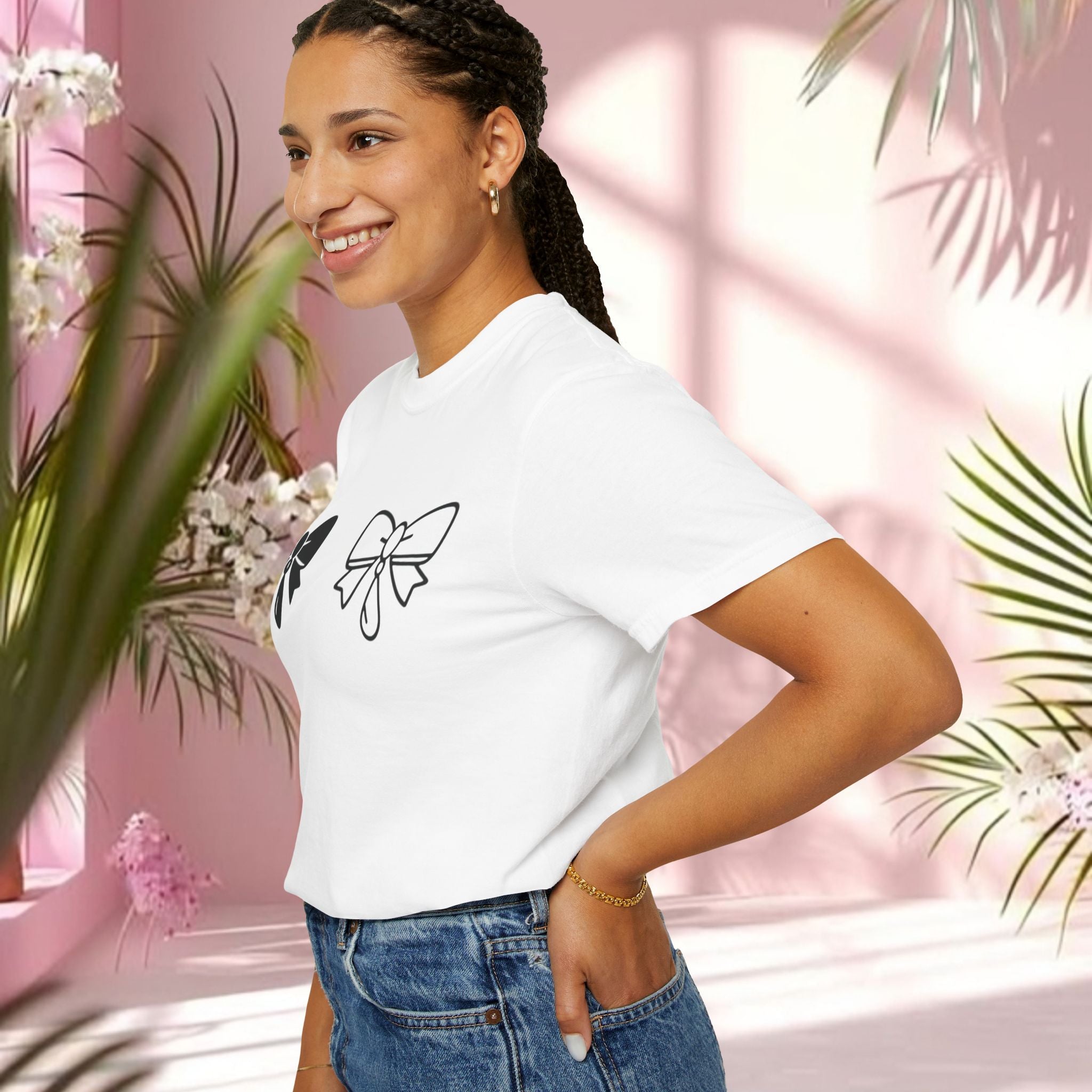 Bow Graphic T‑Shirt — "Milk & Lace — made of sugar." Back Text Tee