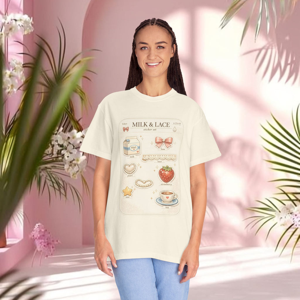 Milk & Lace Cute Pastel Sticker Tee — Strawberry Tea Graphic T-Shirt