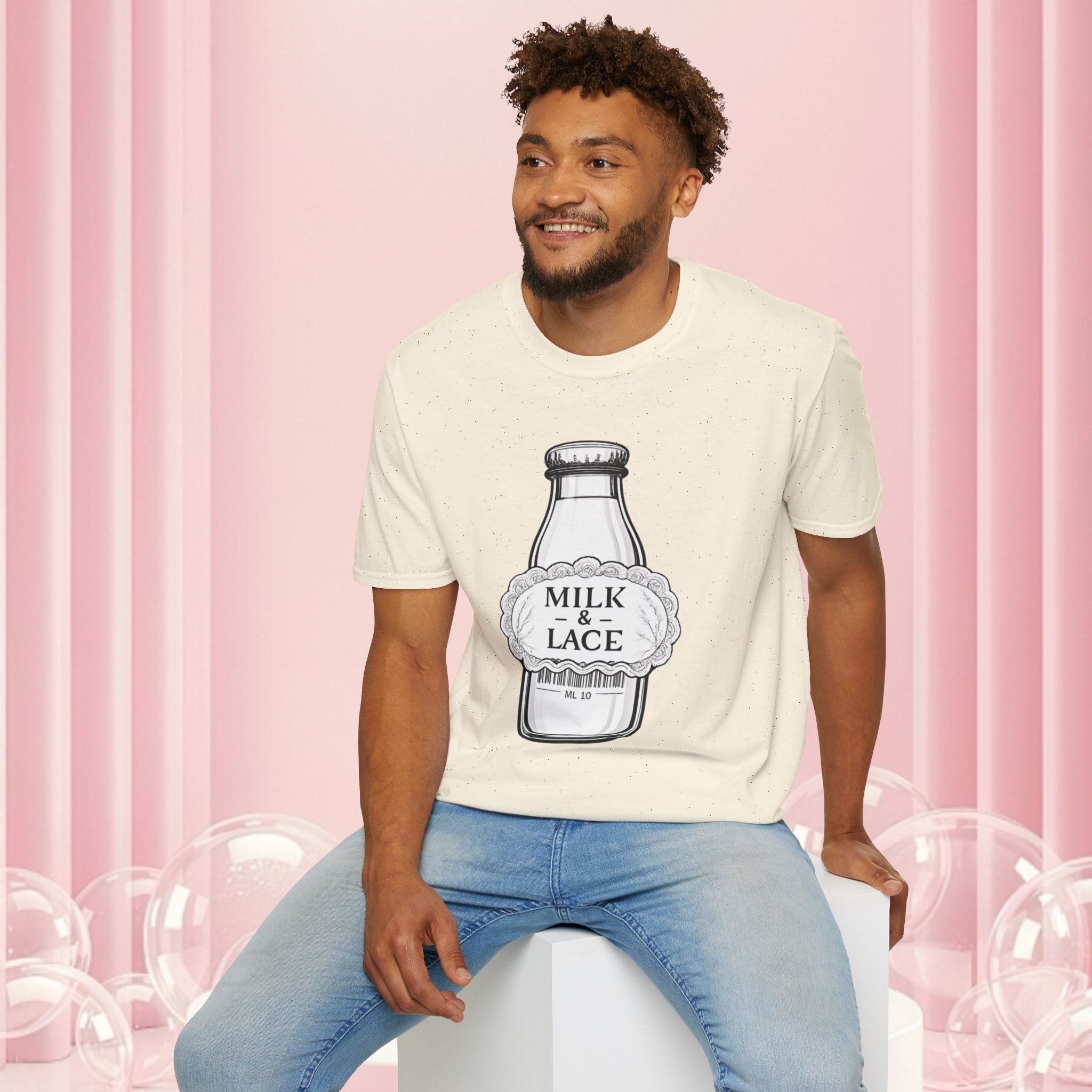 Milk & Lace T-Shirt — Vintage Milk Bottle Graphic with “Milk doesn't blush.” Back Text