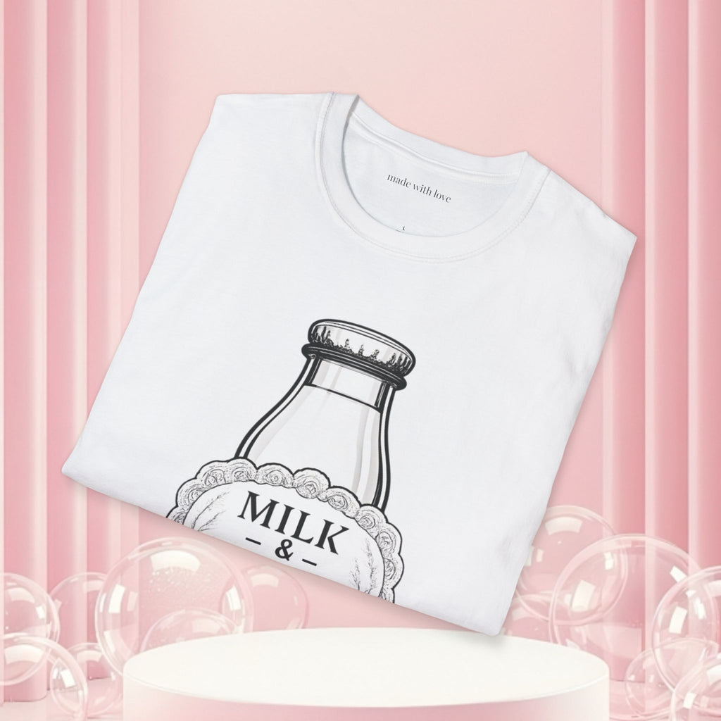 Milk & Lace T-Shirt — Vintage Milk Bottle Graphic with “Milk doesn't blush.” Back Text