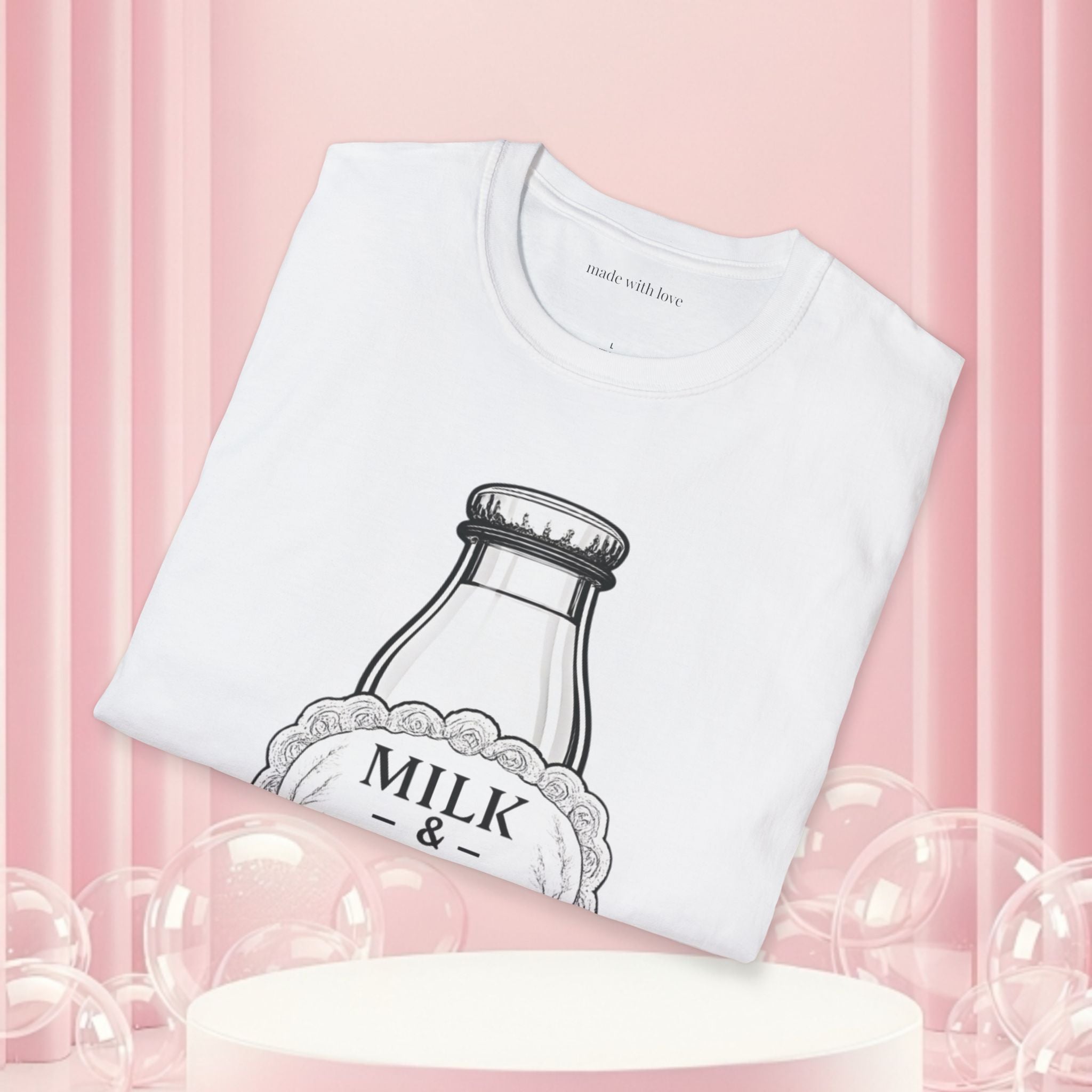 Milk & Lace T-Shirt — Vintage Milk Bottle Graphic with “Milk doesn't blush.” Back Text
