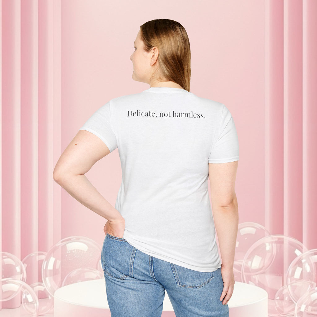 Milk & Lace Barcode Tee — “Delicate, Not Harmless.” Graphic T-Shirt